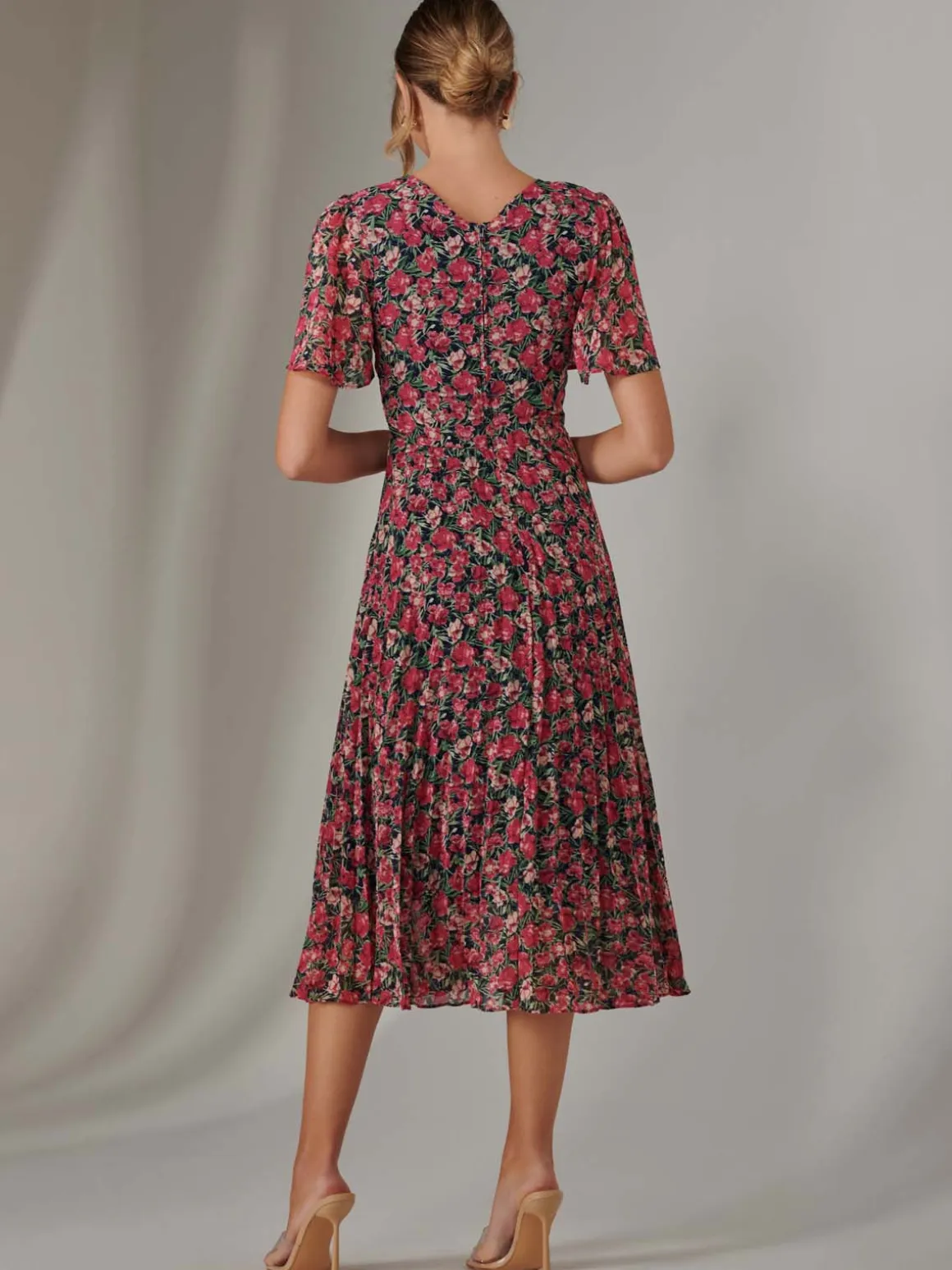 Pleated Midaxi Dress Pink Floral