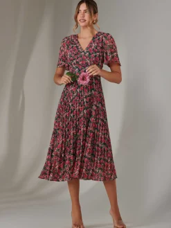 Pleated Midaxi Dress Pink Floral
