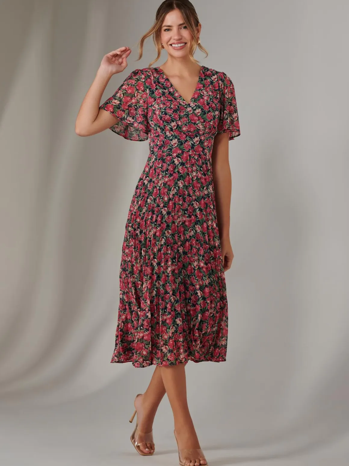 Pleated Midaxi Dress Pink Floral