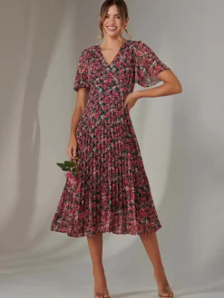 Pleated Midaxi Dress Pink Floral