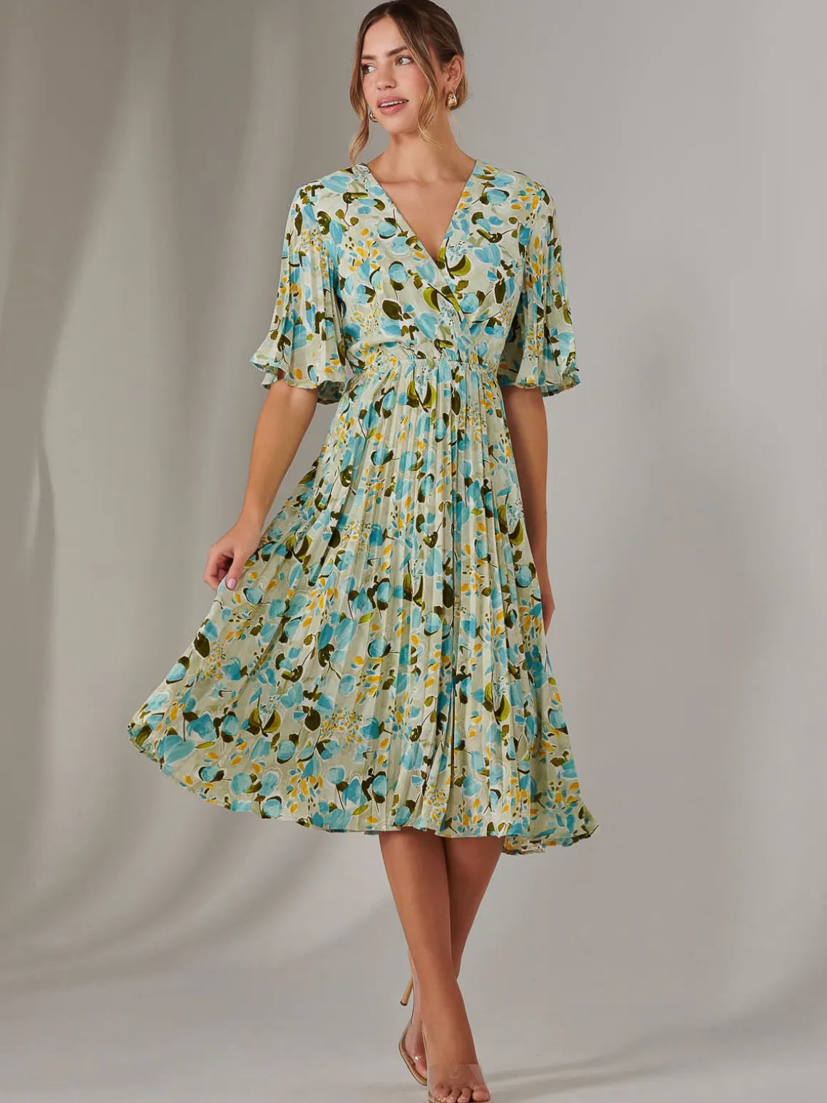 Pleated Wrap Midi Dress, Blue Floral