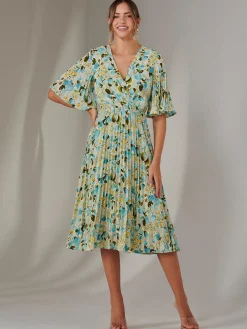 Pleated Wrap Midi Dress, Blue Floral
