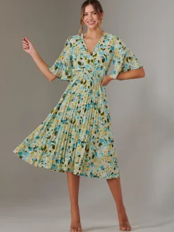 Pleated Wrap Midi Dress, Blue Floral