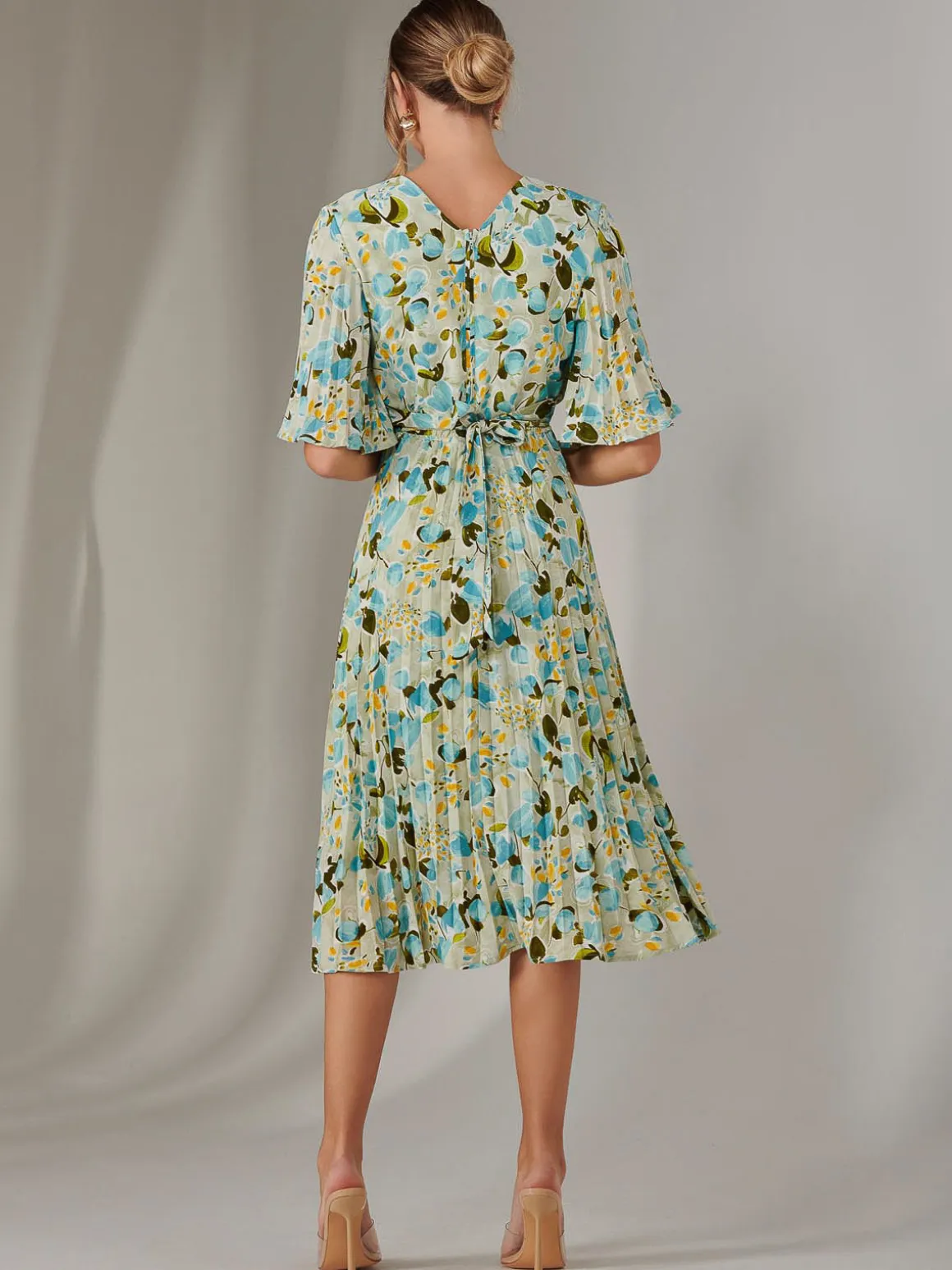 Pleated Wrap Midi Dress, Blue Floral