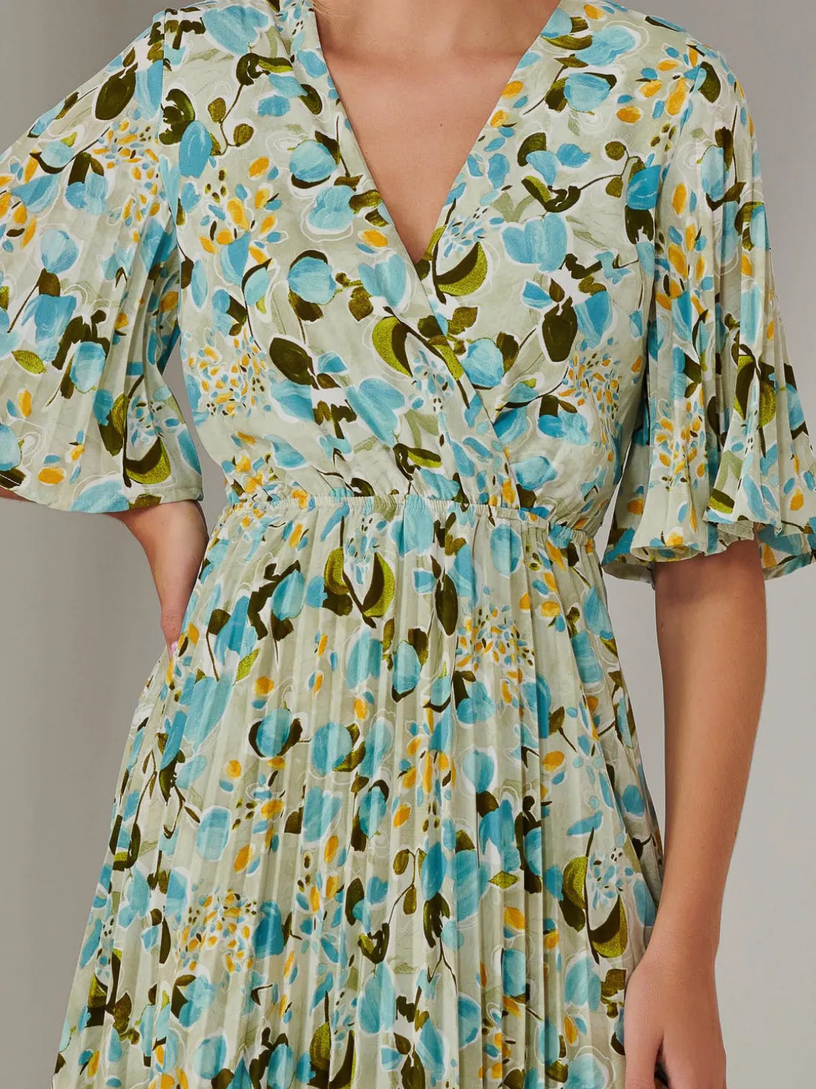 Pleated Wrap Midi Dress, Blue Floral