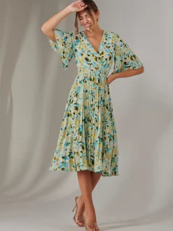 Pleated Wrap Midi Dress, Blue Floral