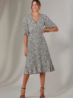 Pleated Wrap Midi Dress, Cream/Black