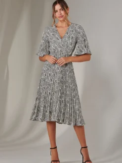 Pleated Wrap Midi Dress, Cream/Black