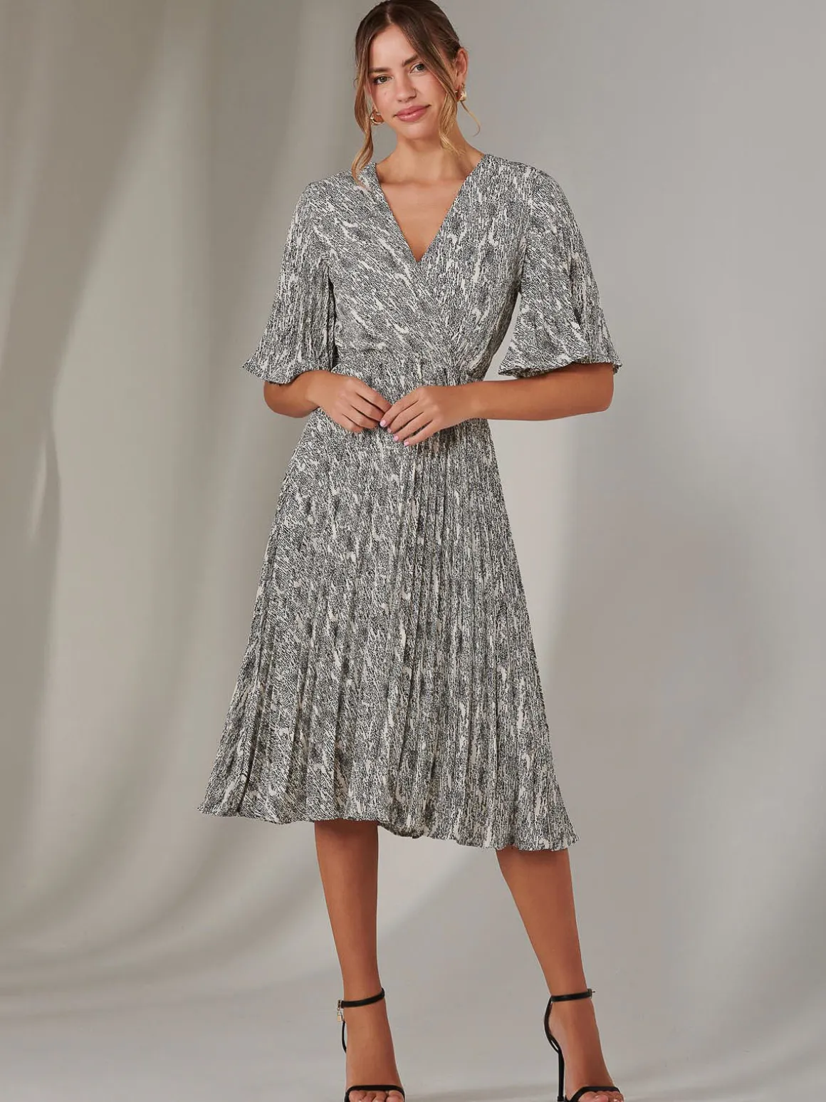 Pleated Wrap Midi Dress, Cream/Black