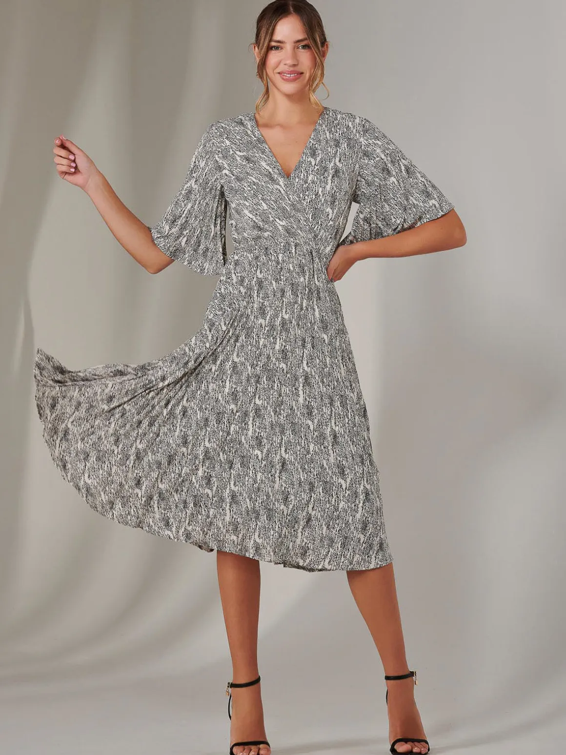 Pleated Wrap Midi Dress, Cream/Black