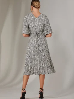 Pleated Wrap Midi Dress, Cream/Black