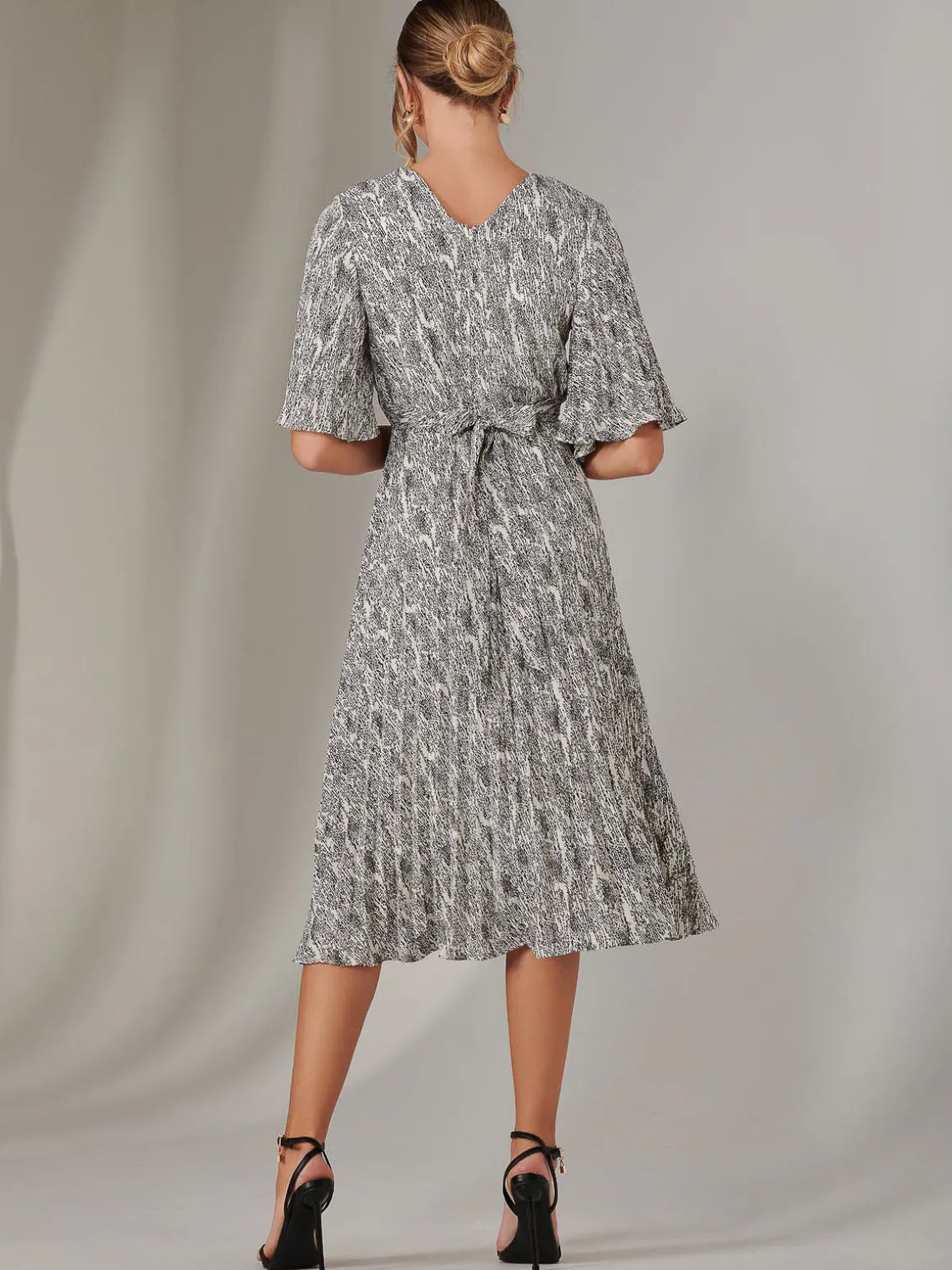 Pleated Wrap Midi Dress, Cream/Black