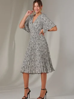 Pleated Wrap Midi Dress, Cream/Black