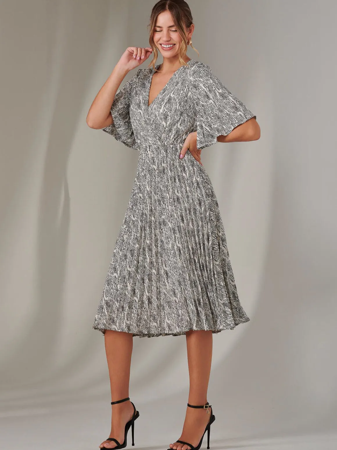 Pleated Wrap Midi Dress, Cream/Black