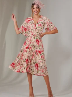 Pleated Wrap Midi Dress, Pink Floral