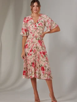 Pleated Wrap Midi Dress, Pink Floral
