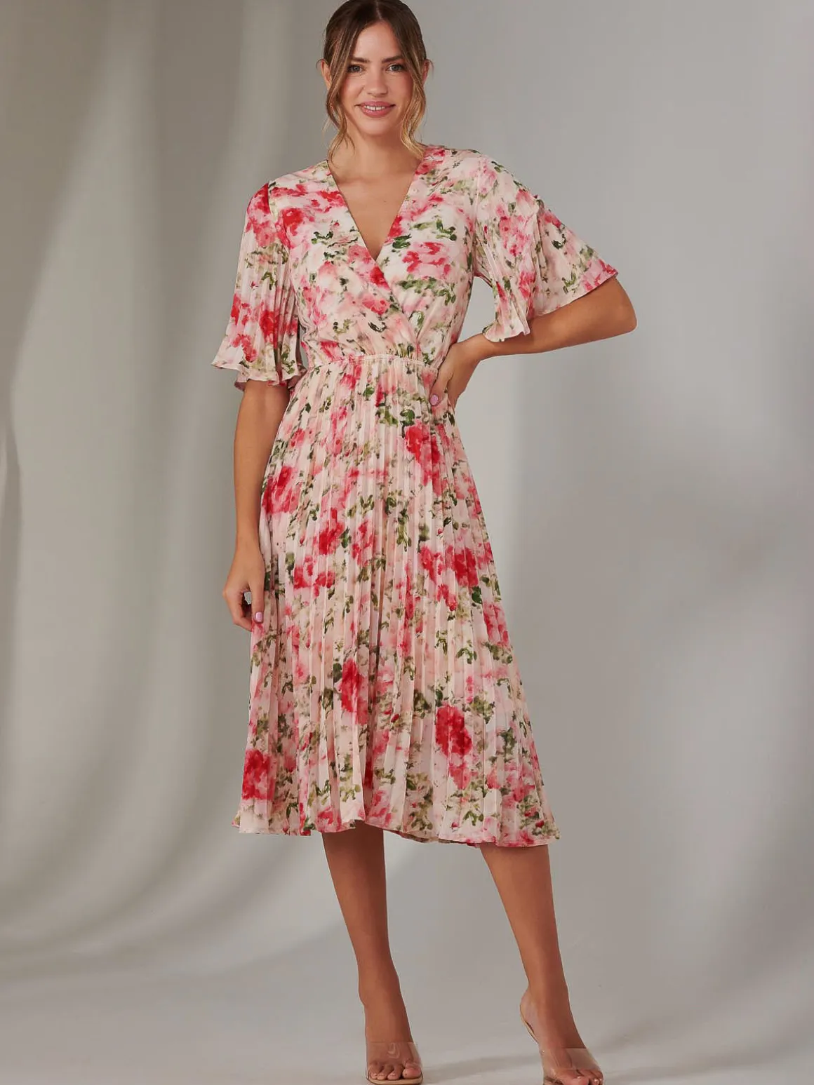 Pleated Wrap Midi Dress, Pink Floral