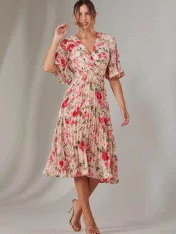 Pleated Wrap Midi Dress, Pink Floral