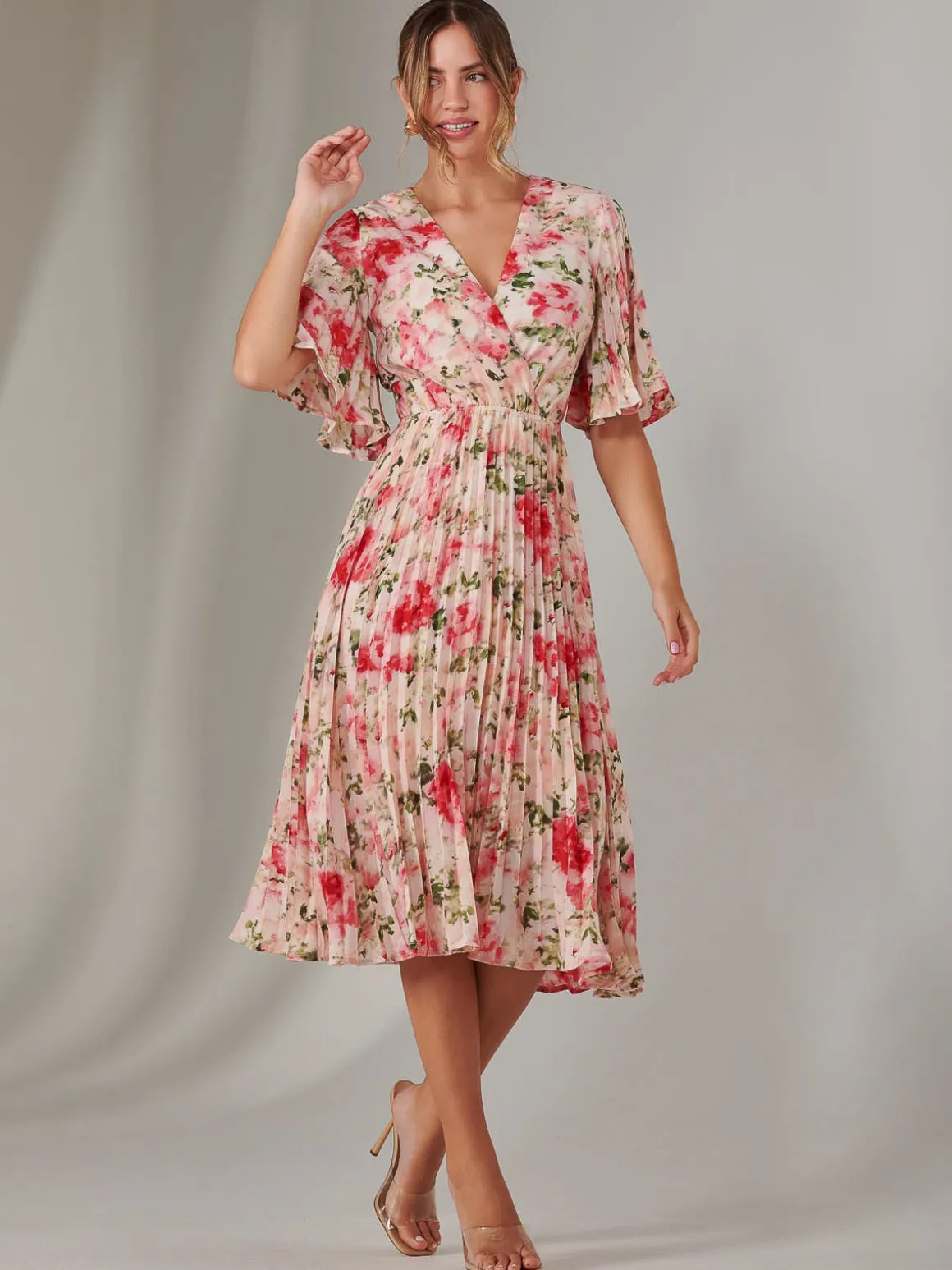 Pleated Wrap Midi Dress, Pink Floral