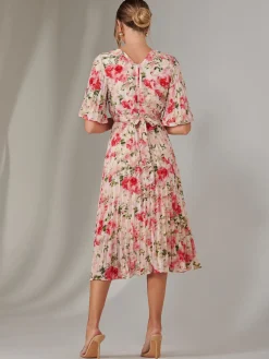 Pleated Wrap Midi Dress, Pink Floral