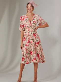 Pleated Wrap Midi Dress, Pink Floral