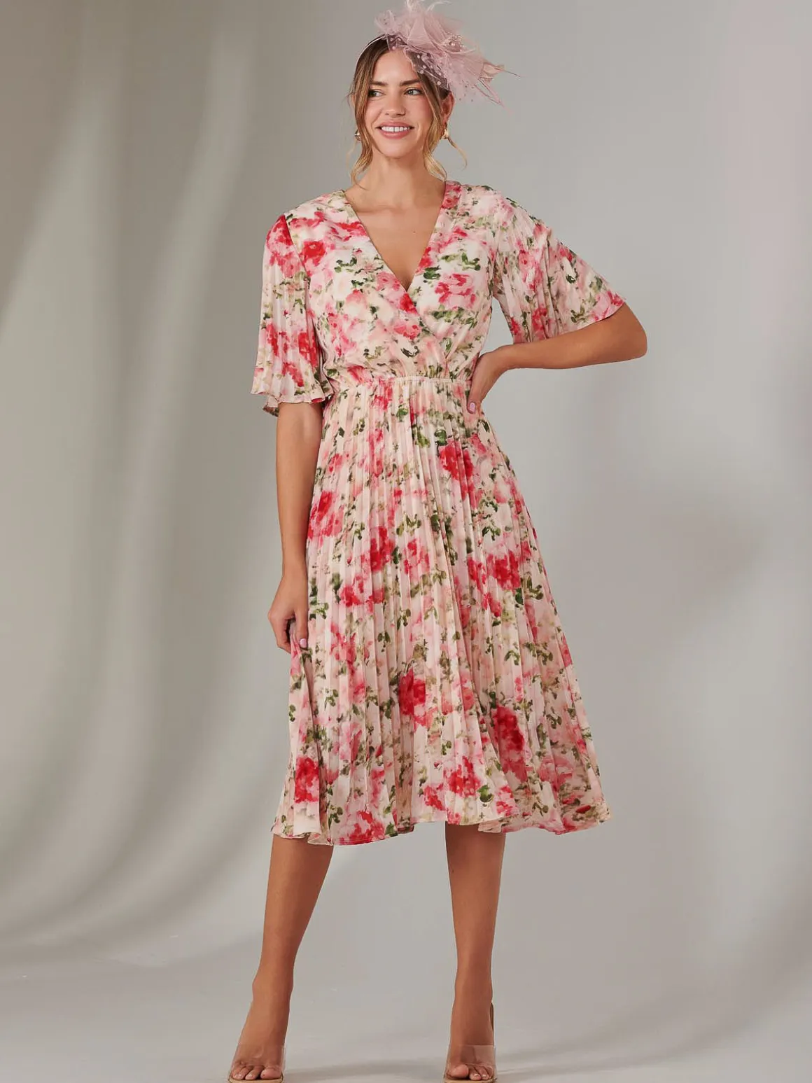 Pleated Wrap Midi Dress, Pink Floral