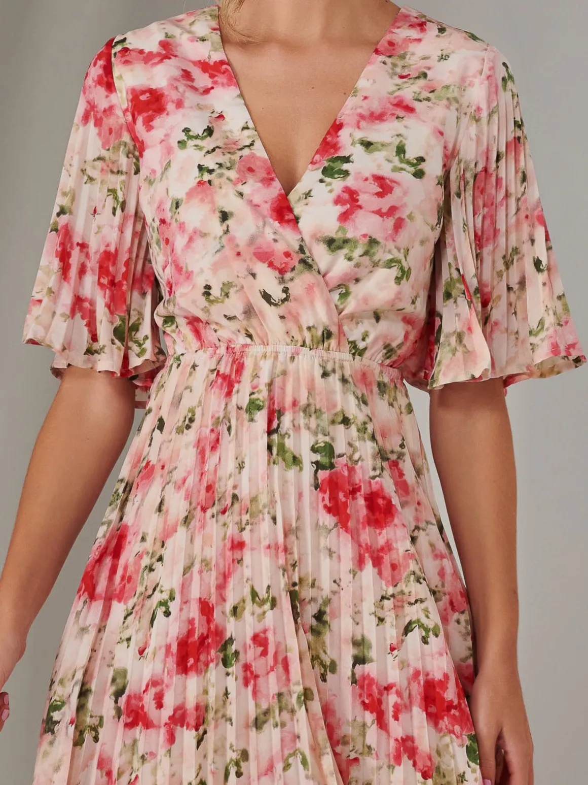 Pleated Wrap Midi Dress, Pink Floral