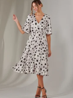 Pleated Wrap Midi Dress, White Polka Dot