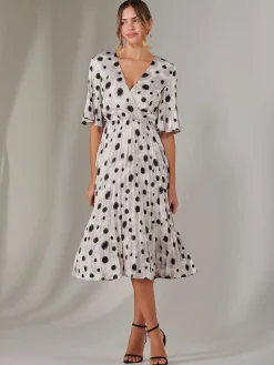 Pleated Wrap Midi Dress, White Polka Dot