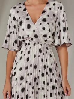 Pleated Wrap Midi Dress, White Polka Dot
