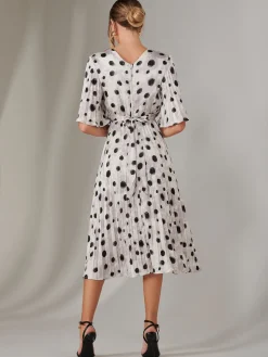 Pleated Wrap Midi Dress, White Polka Dot