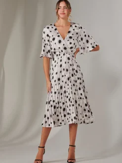 Pleated Wrap Midi Dress, White Polka Dot