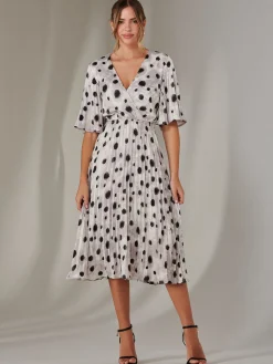 Pleated Wrap Midi Dress, White Polka Dot