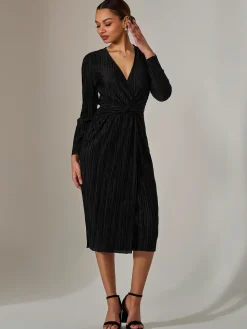 Plisse Long Sleeve Midi Dress, Black