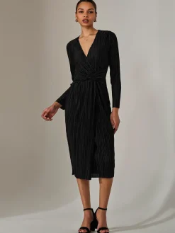 Plisse Long Sleeve Midi Dress, Black