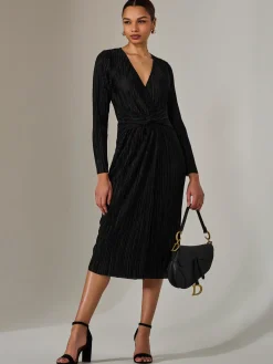 Plisse Long Sleeve Midi Dress, Black