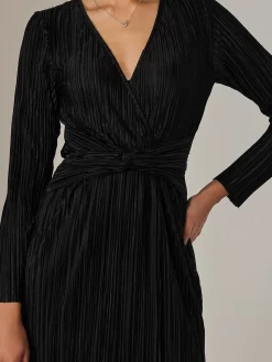 Plisse Long Sleeve Midi Dress, Black