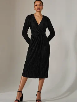 Plisse Long Sleeve Midi Dress, Black