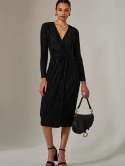 Plisse Long Sleeve Midi Dress, Black