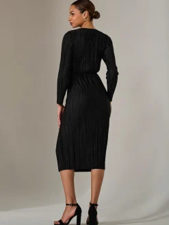 Plisse Long Sleeve Midi Dress, Black