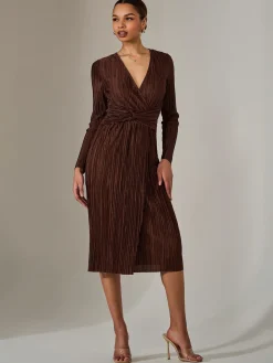 Plisse Long Sleeve Midi Dress, Brown
