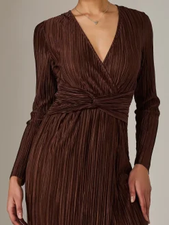 Plisse Long Sleeve Midi Dress, Brown