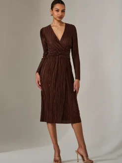 Plisse Long Sleeve Midi Dress, Brown