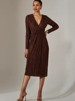 Plisse Long Sleeve Midi Dress, Brown