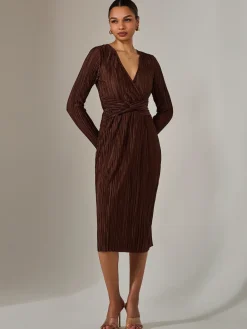 Plisse Long Sleeve Midi Dress, Brown