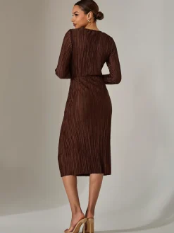 Plisse Long Sleeve Midi Dress, Brown