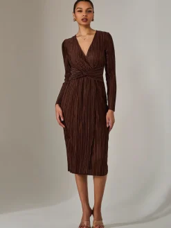 Plisse Long Sleeve Midi Dress, Brown