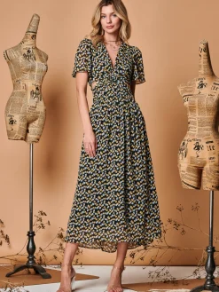 Plunge Neckline Keyhole Chiffon Maxi Dress, Black Multi