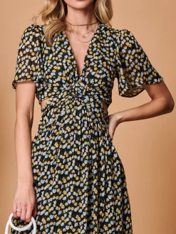 Plunge Neckline Keyhole Chiffon Maxi Dress, Black Multi