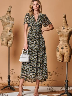 Plunge Neckline Keyhole Chiffon Maxi Dress, Black Multi